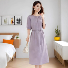 19姆米冠乐绉真丝连衣裙女2025夏新款提花圆领小个子桑蚕丝中长裙