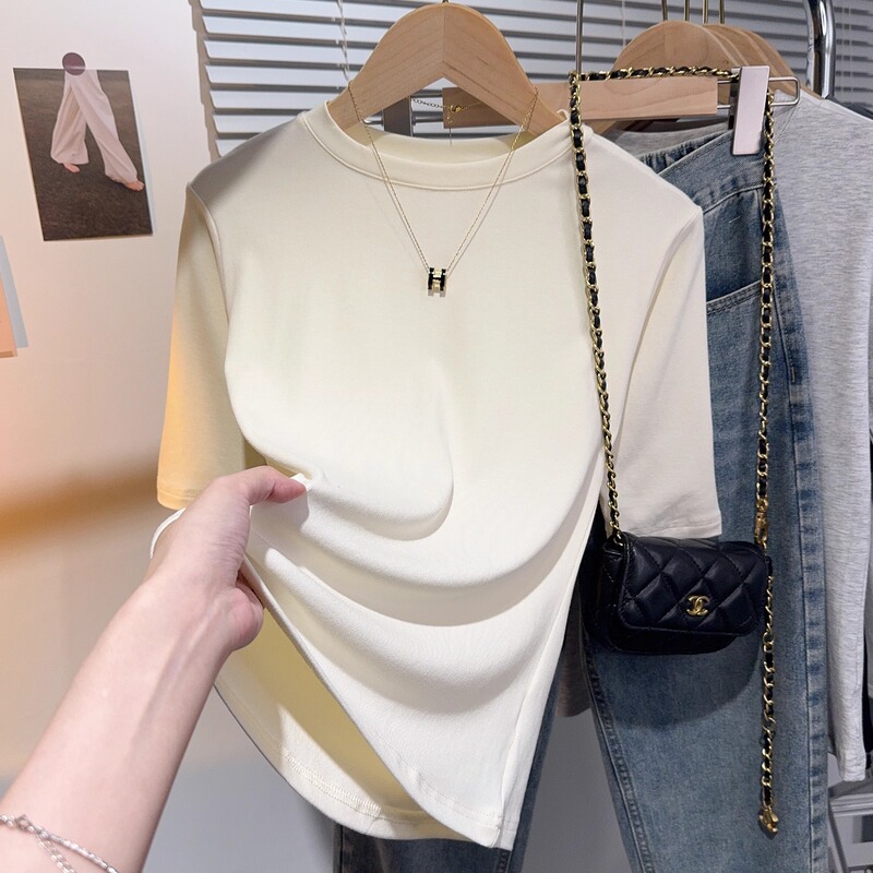モーダル黒正肩中袖tシャツ女性夏春ねじ半袖丸襟修身五分袖底上着|undefined