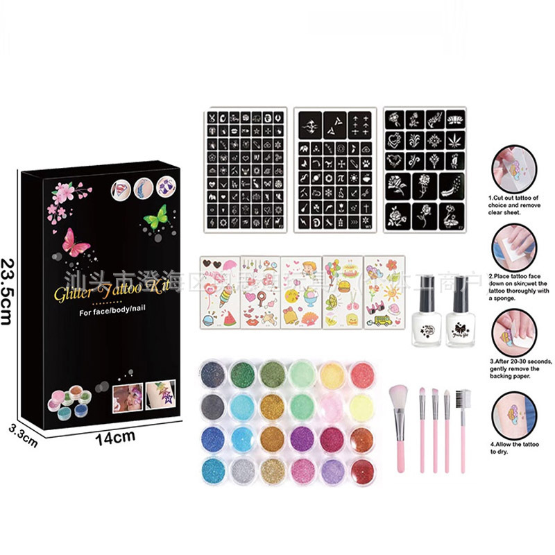 Cross-Border Hot-Selling New Product 24-Color Glitter Powder Stage Painting Temporary Tattoo Set DIY Holiday Party Glitter Makeup