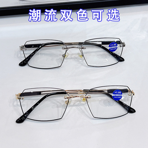 New Fashion Ultra-Light Frameless Reading Glasses High-End Men's Blue Light Blocking Casual Business Polyhedral Lightweight Metal Frame