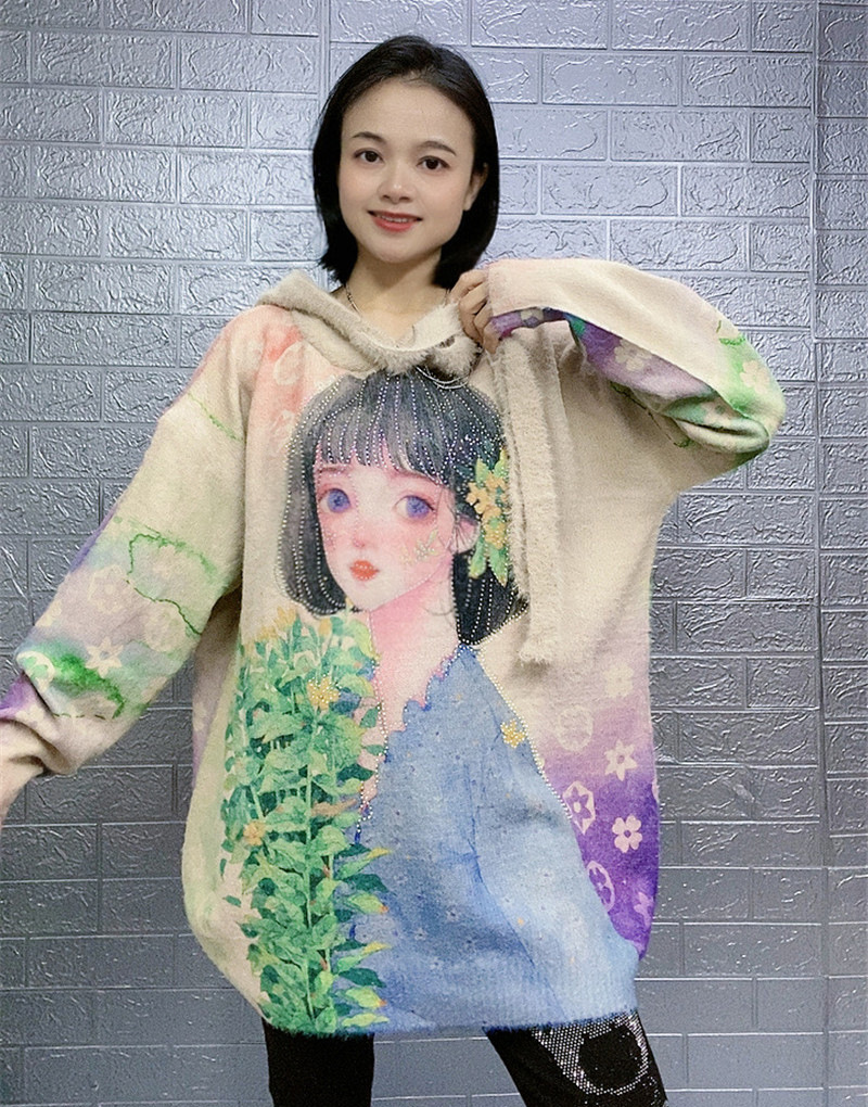 国风印花毛衣2023女秋冬装新款宽松大码水貂绒针织衫连帽上衣外穿
