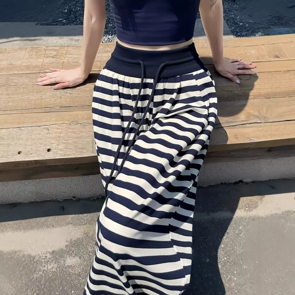美式黑白条纹运动裤女2025夏季新款高腰显瘦松弛感休闲阔腿拖地裤