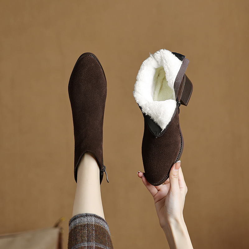 plus size Retro Pointed Thick Heel Short Boots Women's 2024 Winter New Mao Mao Boots Mid Heel Cow Turning Leather Fashion Boots