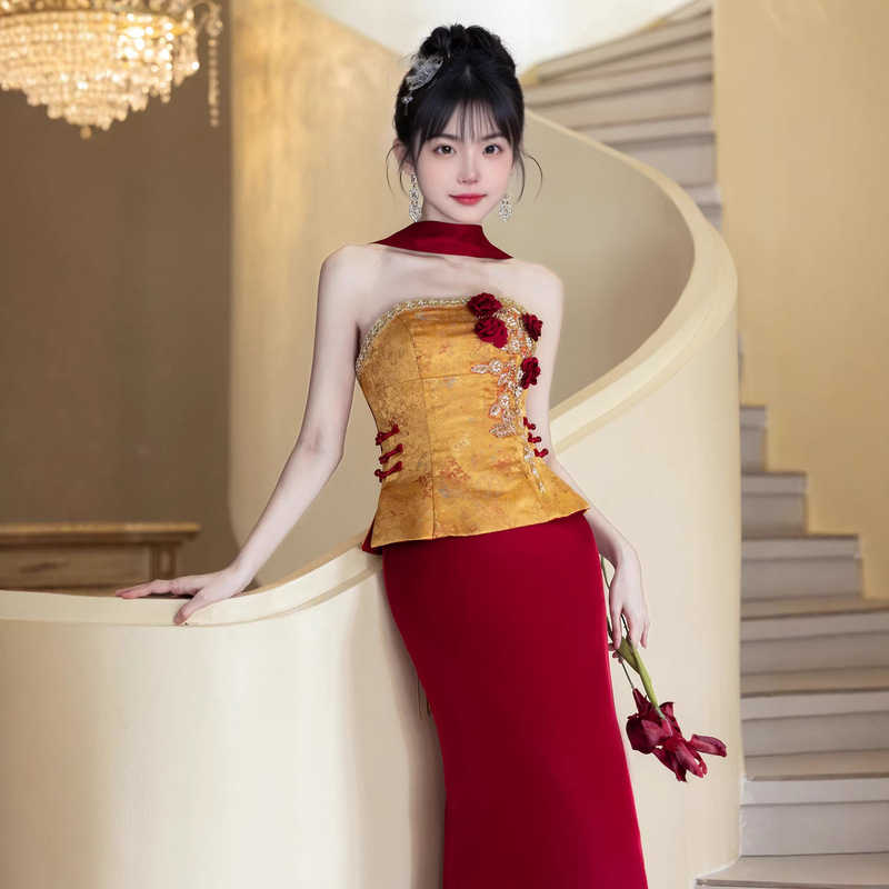 Golden New Chinese-Style Engagement Dress, Bride's Toast Dress, Light Luxury Niche High-End Tube Top Morning Gown, Elegant Dress Golden New Chinese-Style Engagement Dress, Bride's Toast Dress, Light Luxury Niche High-End Tube Top Morning Gown, Elegant Dress
