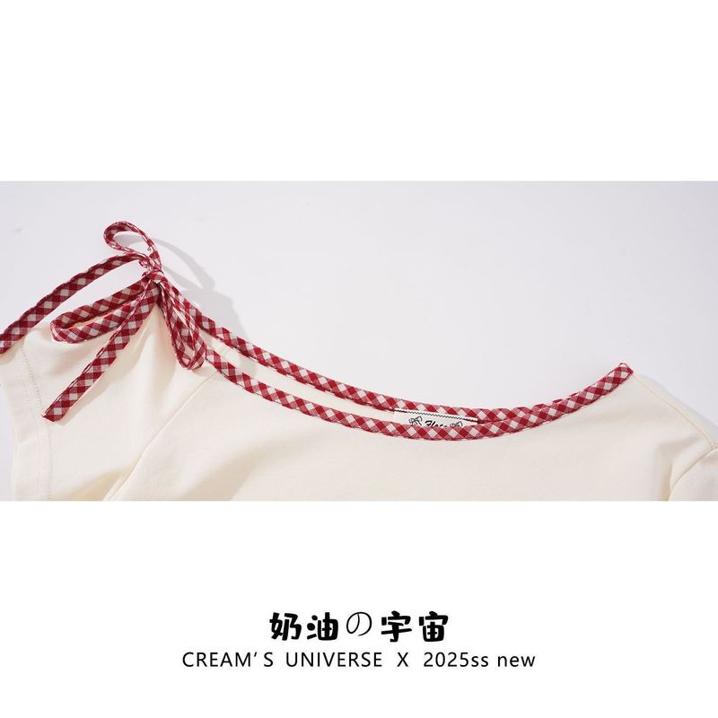 纯欲刺绣格纹蝴蝶结绑带斜肩短袖T恤女夏季甜辣妹收腰短款上衣ins|undefined