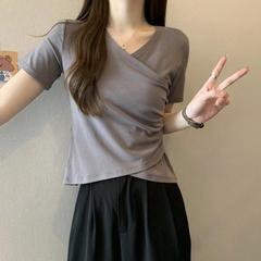 大きいサイズのハートネックTシャツレディース半袖夏ファットmm右肩ショートシャツスリム不規則なVネッククロストップ