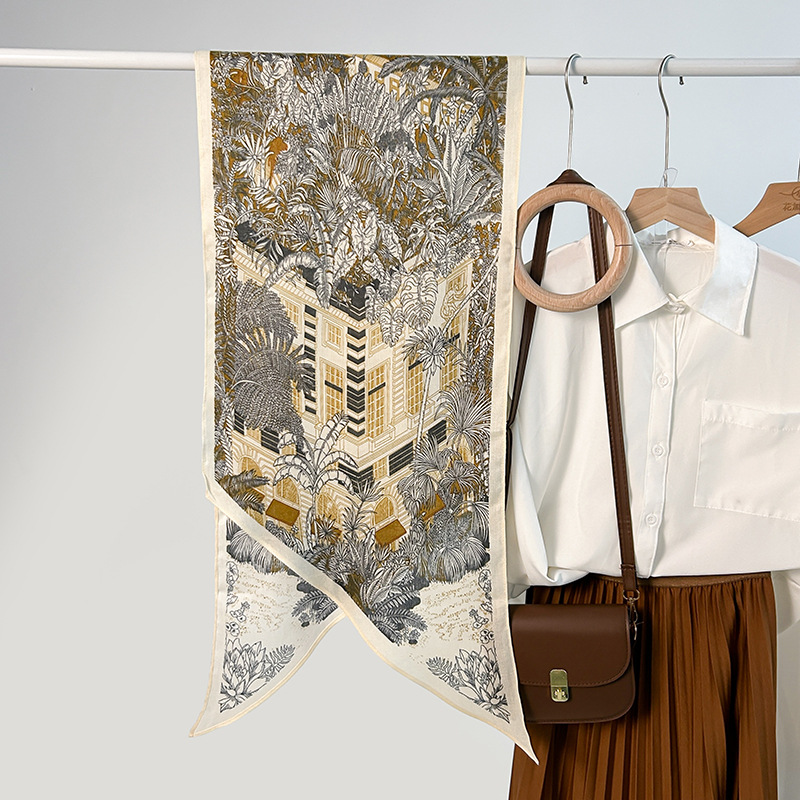 Estilo coreano nueva bufanda paralela bufanda de seda de imitación primavera y otoño damas estilo fino de alta gama planta bufanda con estampado de flores