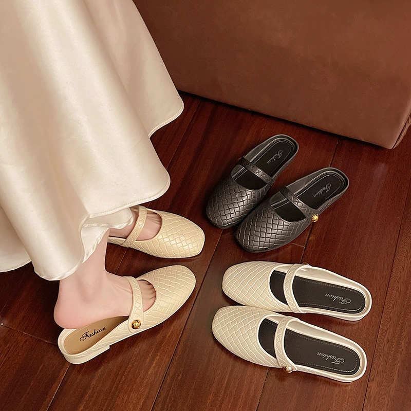 2025 новый стиль ретро плетеный багажная головка половинная тапочка женская надевание слово с французским шлепанцем Мэри Джейн на плоской подошве
