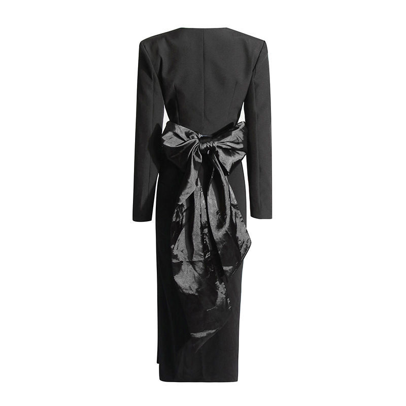 Women's Clothing Fashionable Elegant Solid Color Tie-Neck Top With High-Waist Slit Skirt Set - Chic Women's Outfit For Casual & Evening Wear​​_ecoleips.com