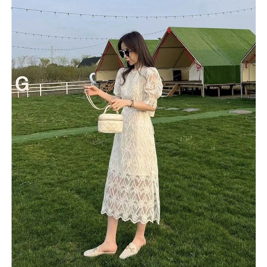 Красивые ромбовидные кружевные платья женские новые корейские темпераментные тонкие и длинные однотонные платья