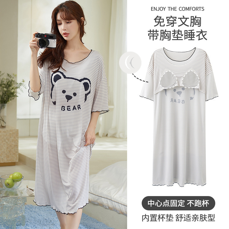2025 흉부 만화 잠옷 패드로 폭발 아이스 실크 스레드 짧은 소매 잠옷 여성의 여름 긴 풀오버 홈 옷