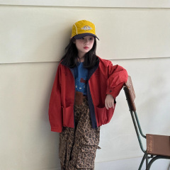 童外套2025秋季女宝宝韩版红色拉链夹克儿童豹纹大口袋阔腿长裤子