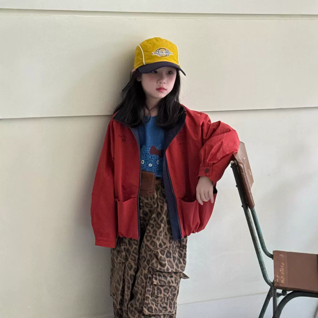 童外套2025秋季女宝宝韩版红色拉链夹克儿童豹纹大口袋阔腿长裤子