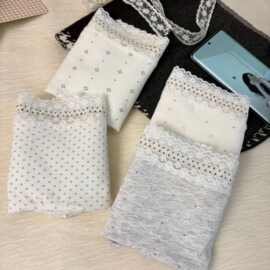 奶油波点10A 加长裆纯棉内裤女士少女蕾丝边透气中腰包臀平角内裤