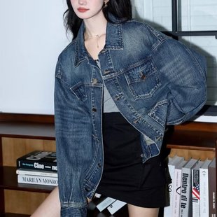 2024 New All-match Washed High-end American Style Retro Loose Pocket Casual Denim Jacket Women's Spring and Autumn