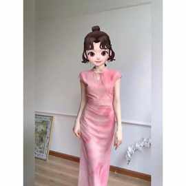 复古新款中式国风改良立领粉色旗袍镂空连衣裙盘扣气质绝美修身