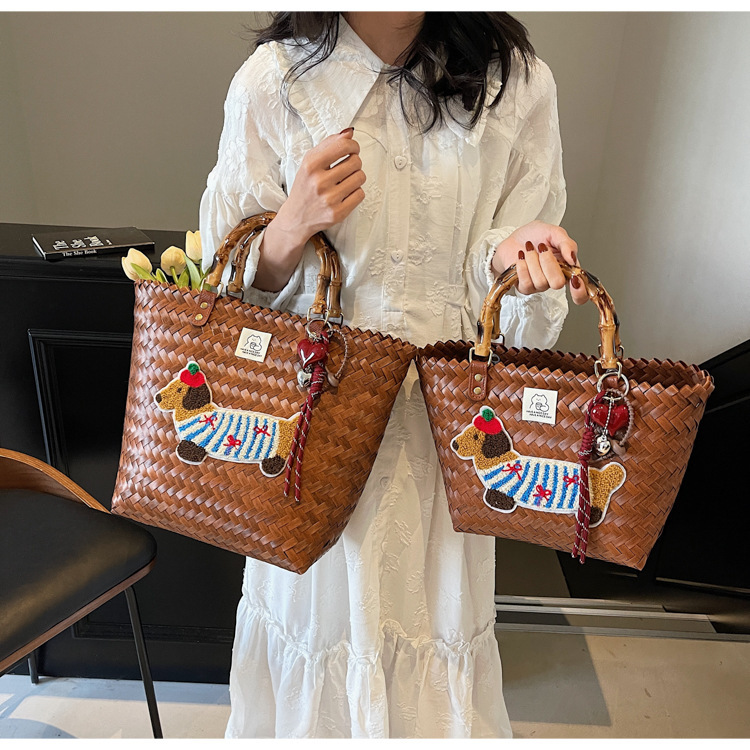 Bamboo Handle Rattan Handbag, Retro Handwoven Bag, Tote Bag, Souvenir Hand-Carrying Beach Bag Bamboo Handle Rattan Handbag, Retro Handwoven Bag, Tote Bag, Souvenir Hand-Carrying Beach Bag