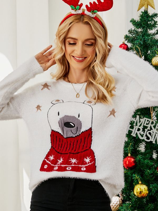Transfronterizo popular europeo y americano diseño de punto superior Navidad dibujos animados jacquard suéter bordado oso Navidad suéter