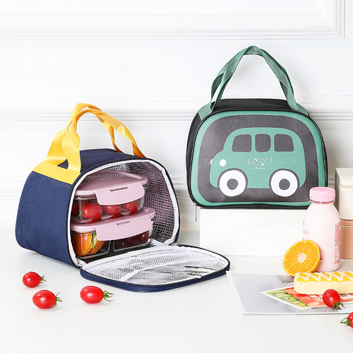 Portable Insulated Lunch Box Bag with Cartoon Car Design for Students - Modern Simple Thickened Handheld Lunch Box Carrier