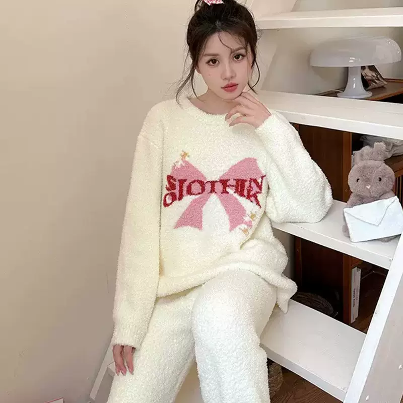 半边绒睡衣女秋冬新款软绵绵可爱甜美印花长袖圆领套头家居服套装