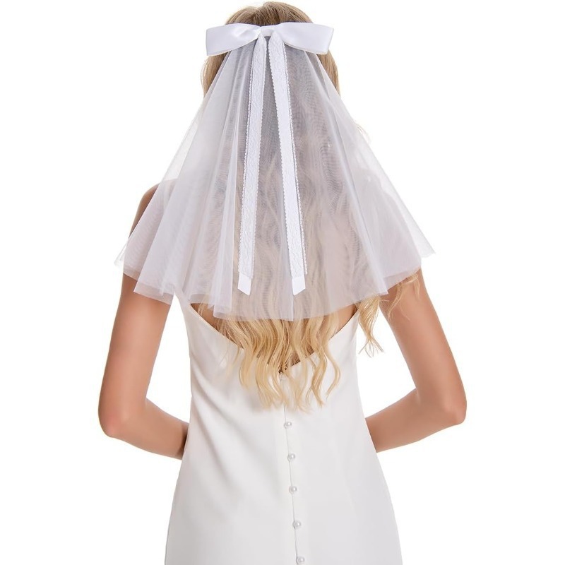 短款新娘头纱白色象牙色领证婚纱照素纱蝴蝶装饰发饰头饰婚礼附件