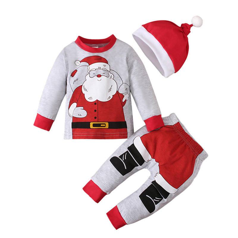 Boys And Girls Spring And Autumn Santa Claus Gray Long-sleeved Top + Trousers + Hat Three-piece Suit Children's Clothing_voghion.com