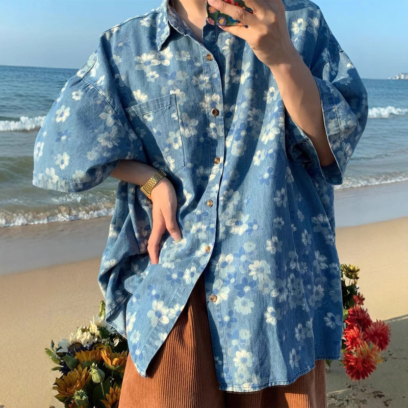 Japanese Style Retro Flower Full Print Washed Old Denim Short-sleeved Shirt Men's Summer New Loose Casual Shirt Trendy