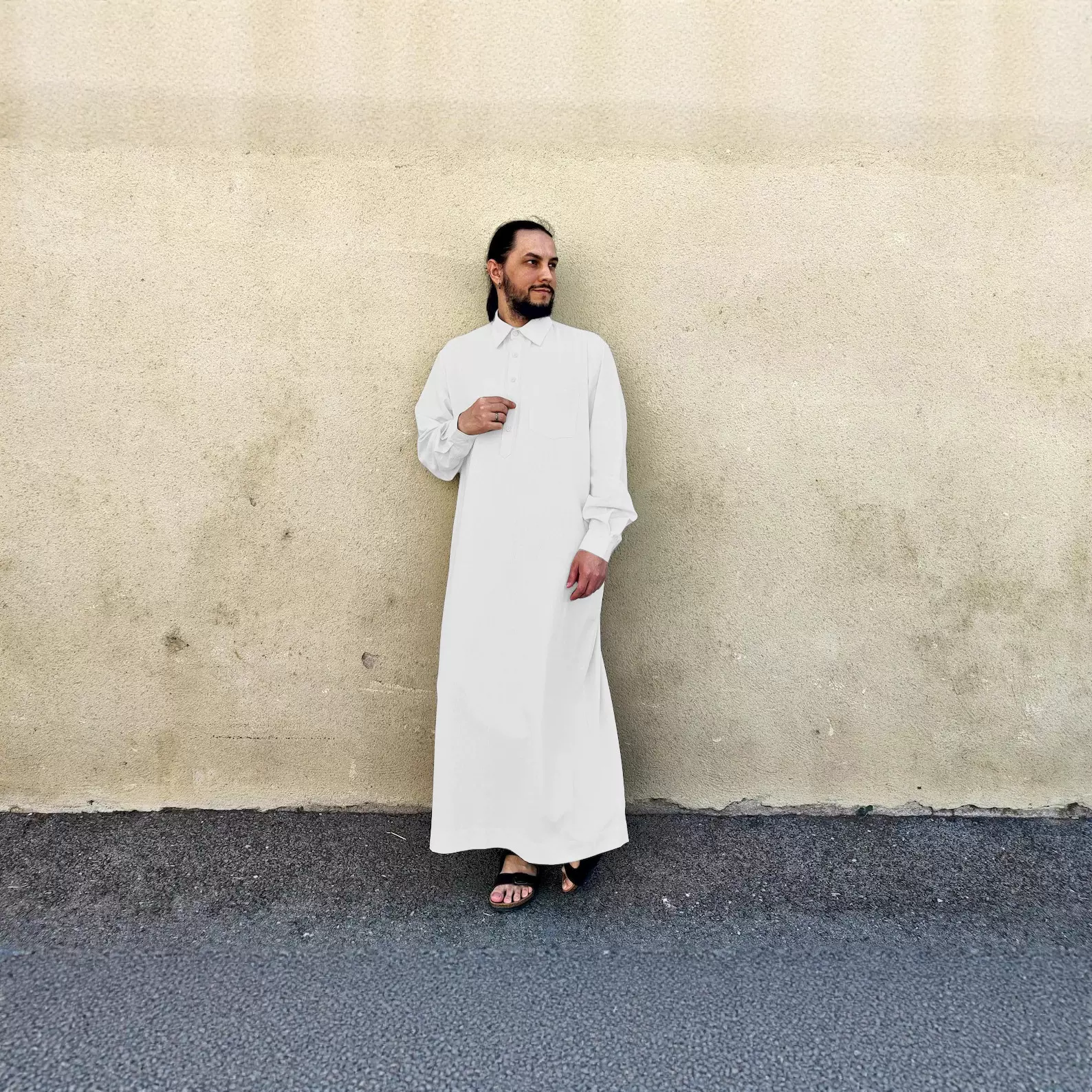 2025新款中东穆斯林男士纯色宽松亚麻伊斯兰长袍POLO领