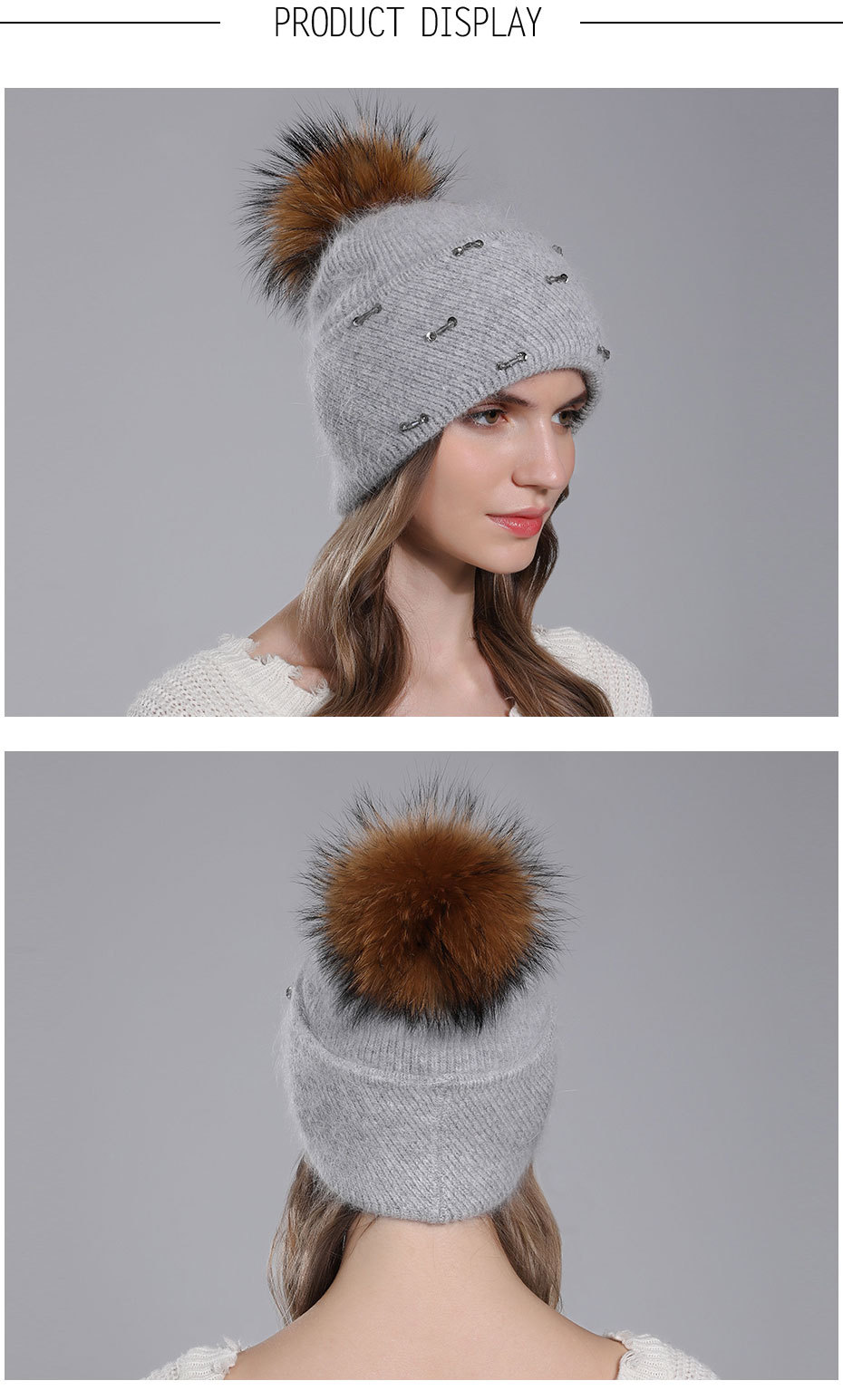 Cappello invernale con pelliccia di procione coniglio lavorato a maglia da donna in lana versatile con doppia piega capovolta_voghion.com