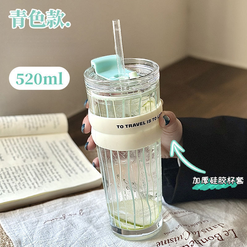 女士高颜值吸管杯办公室咖啡杯泡茶杯子大容量水杯家用花卉玻璃杯|undefined