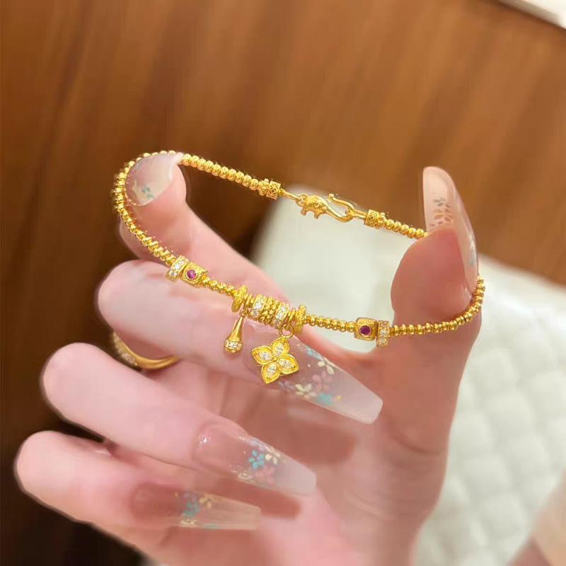 Sand Gold Jewelry, Imitation Gold Four-Leaf Clover, Water Drop Gold Bead Bracelet for Women, Light Luxury, High-End Feel, Long-Lasting Color, Wholesale