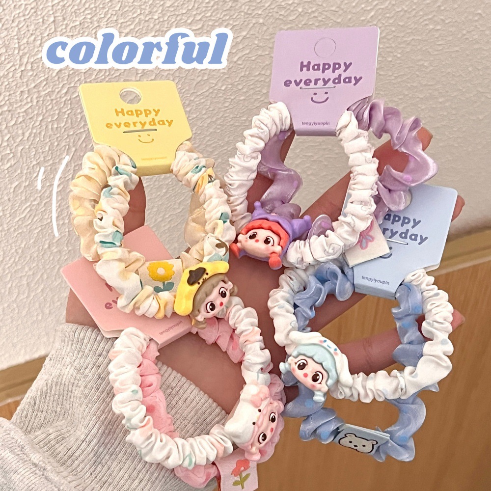 Caricatura encantadora cabeza de niña anillo de cabello dulce niña correa de cabello universal estudiante de cola de caballo conjunto de joyas para el cabello
