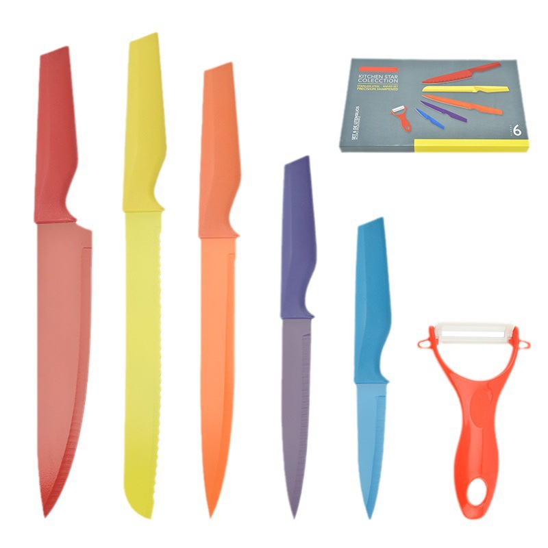 Cuchillo de chef de cocina Cuchillo de pan Cuchillo de frutas Cuchillo de melón Juego de seis piezas Cortar verduras y carne Juego de cuchillos con mango de caballito de mar colorido