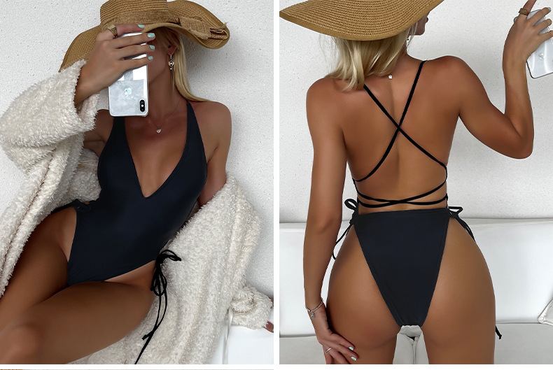 One-piece Swimsuit Deep V Neck Sexy Solid Colour Beach Bikini_voghion.com