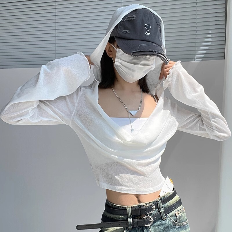 Cool Hot Girl Style Sexy Long-sleeved Hooded T-shirt Women's Waste Earth Style Personality Design Sense Short Cropped Top INS Trendy Cool Hot Girl Style Sexy Long-sleeved Hooded T-shirt Women's Waste Earth Style Personality Design Sense Short Cropped Top INS Trendy