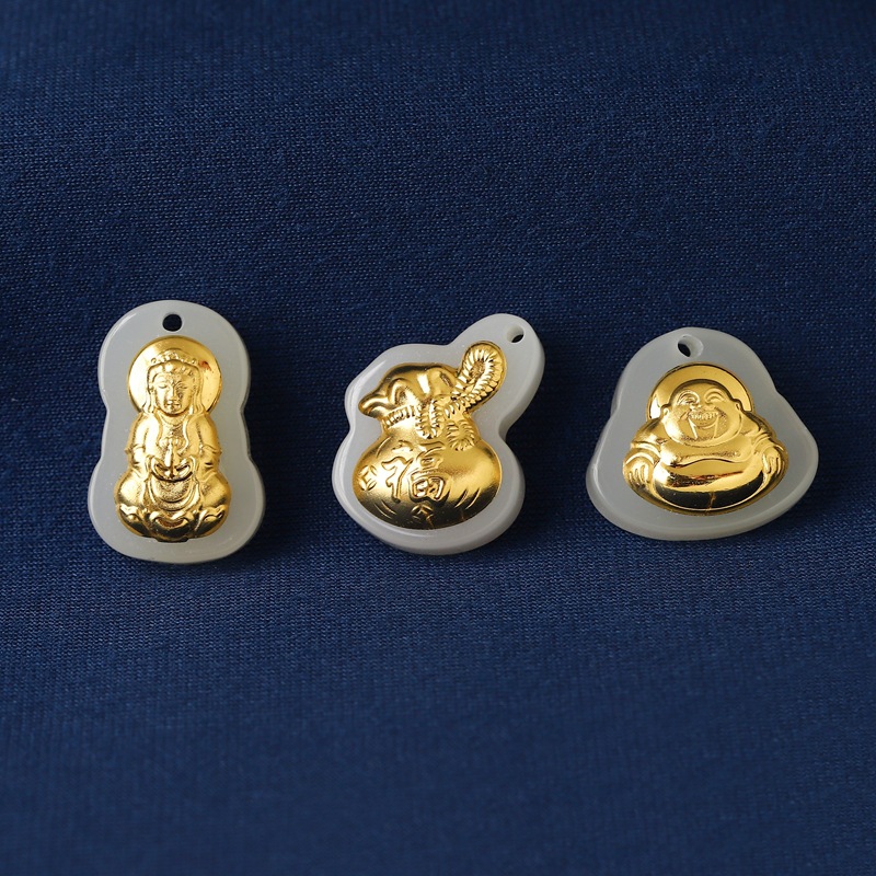 金鑲玉小花件觀音佛天使錢袋 白玉足金平安鎖四季豆四葉草招財貓