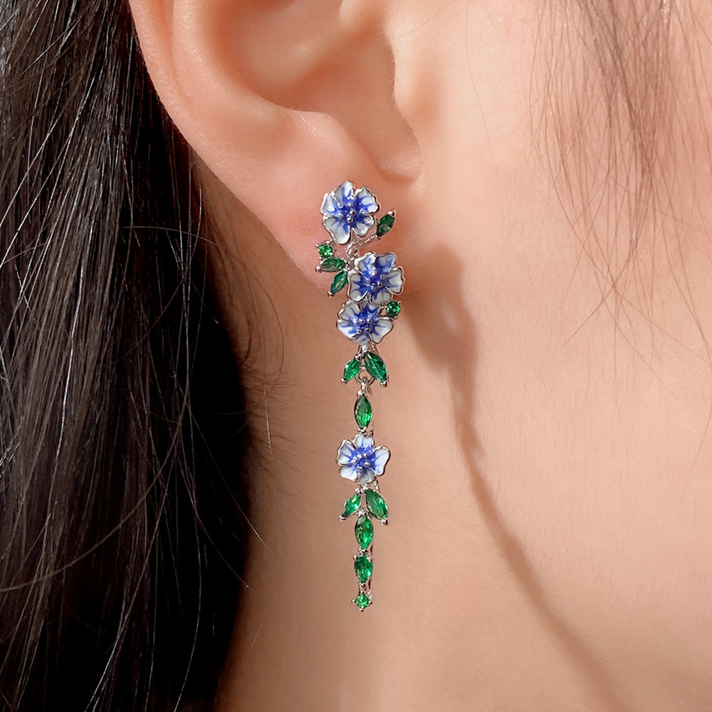10g Weight Zircon Inlay Material 1 Pair Fairy Style Retro Flower Enamel Inlay Copper Zircon Drop Earrings