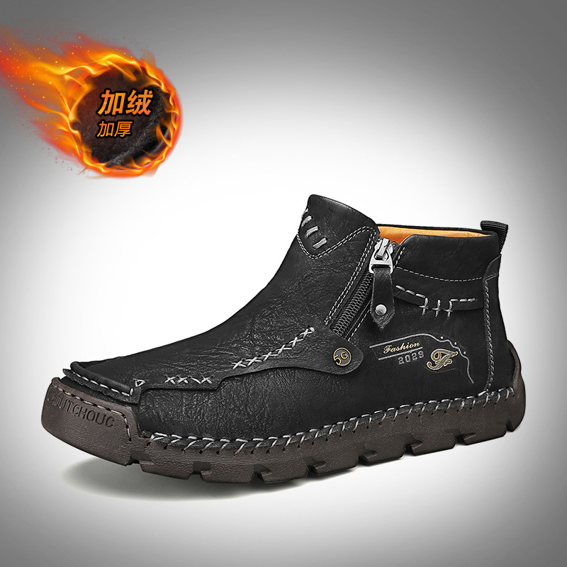 Men's Work Boots Winter Fleece Lined Slip-On Men's Boots Handmade Sewn Soles Mid-Top Men's Shoes_vogvips.com
