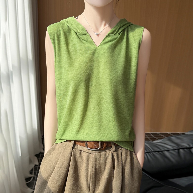 2026 Summer New Style Sleeveless Hooded Collar Short-Sleeved Vest for Women, Elastic Slim Fit, Casual and Versatile Tops for Women