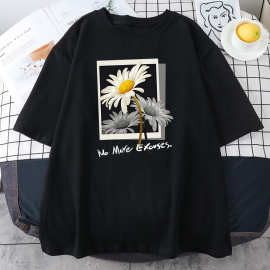 短袖2024新款 美丽花朵图片女式T恤嘻哈宽松街头装2024夏T-shirt
