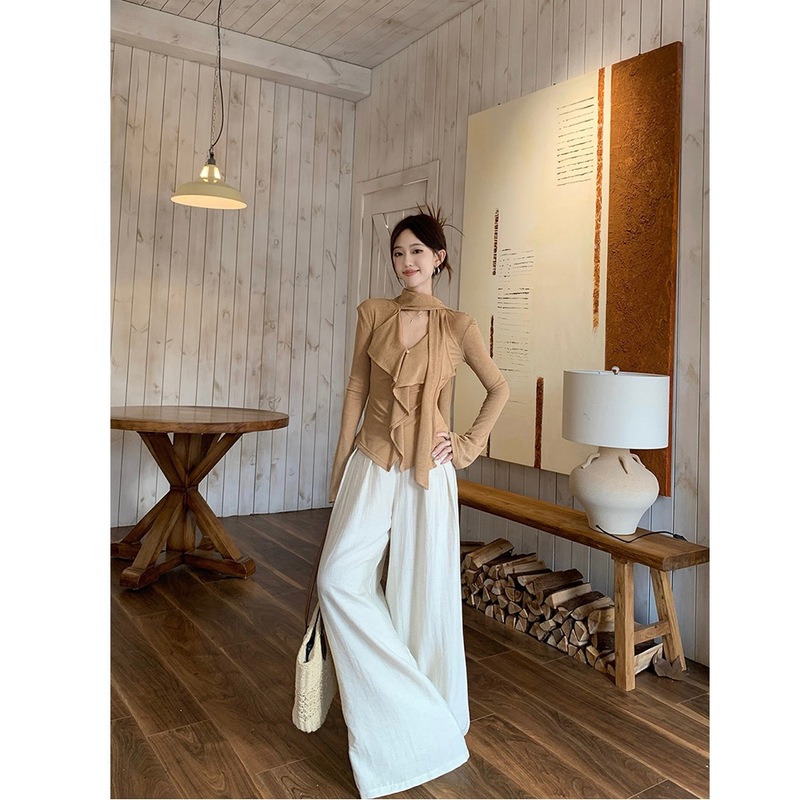 法式V领荷叶边飘带长袖t恤女2025衬衫新款松弛系小众修身掐腰上衣|undefined