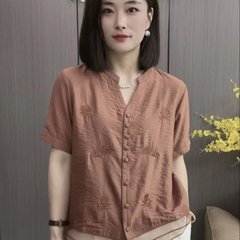 震え音が爆発した夏の刺繍国風ファッション文芸シャツ2024年カジュアルでゆるい薄いシャツの女性
