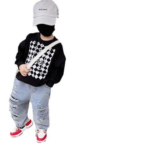 Children's 2024 Spring New Style Straight Leg Jeans for Small Children and Babies, Distressed Style Cool Streetwear Hipster Pants 031