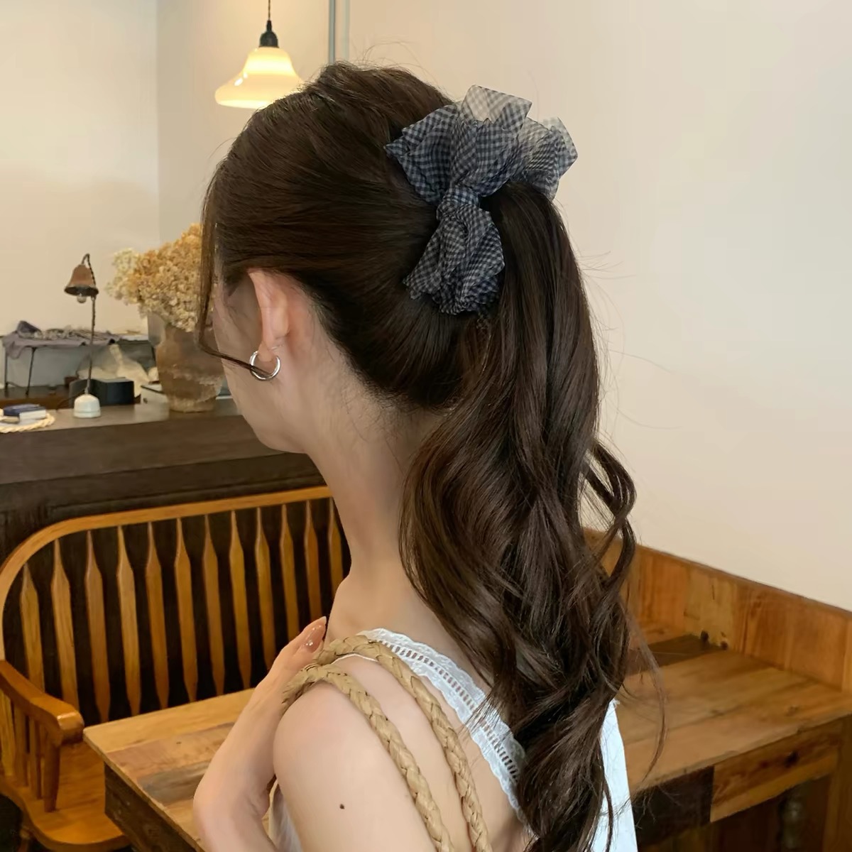 85# black and white gauze plaid bow banana twist hair clip - 11cm