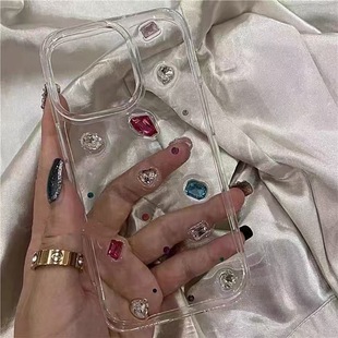 Japanese and Korean Stereo Glue Color Diamonds Suitable for Iphone16 Transparent 15Pro Anti-Fall 14/13/12 Mobile Phone Case