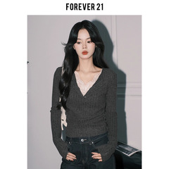 Forever21气质灰色蕾丝假两件V领针织小衫女纯欲修身长袖打底上衣