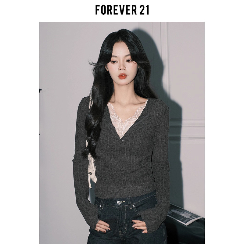 Forever21 Elegant Gray Lace Fake Two-Piece V Neck Knitted Top for Women Pure Desire Slim Long-Sleeved Bottoming Top