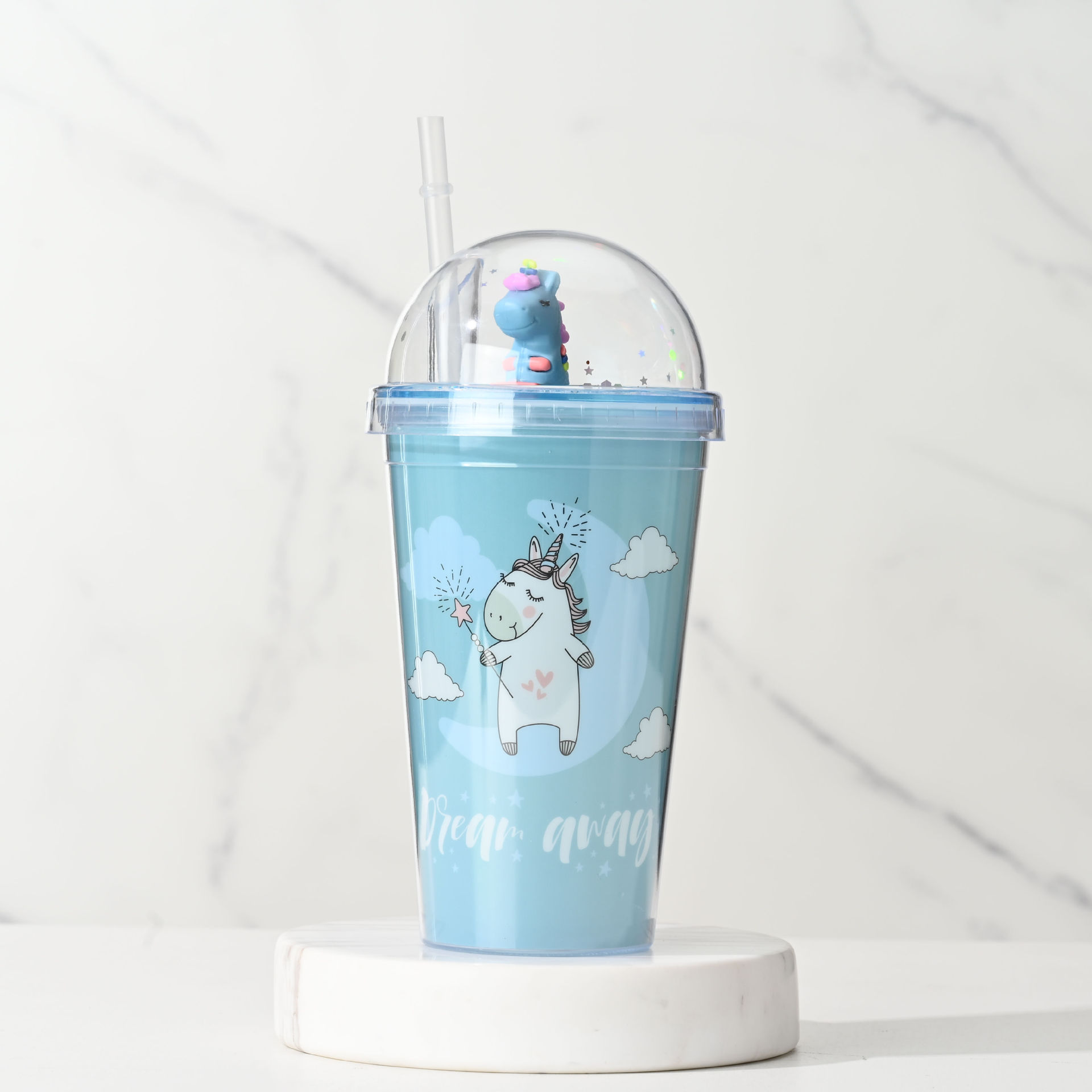 Internet celebridad de dibujos animados unicornio taza de agua de doble capa de plástico de hielo taza de trituración taza de paja taza de alto aspecto estudiante taza de los niños