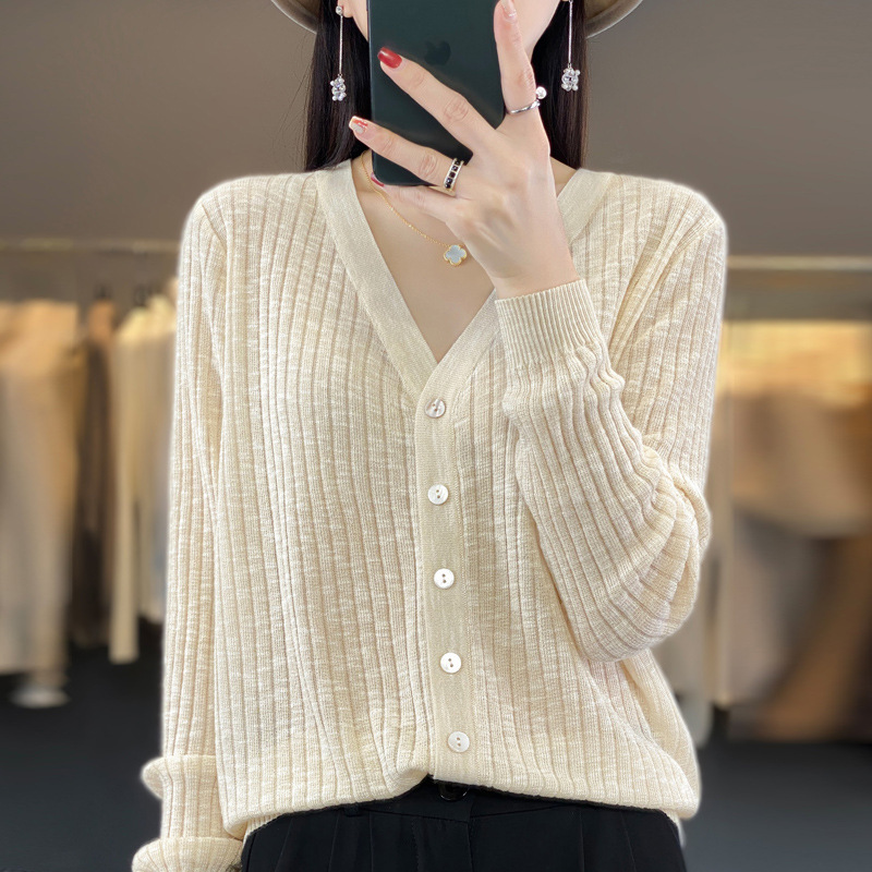 Slub Cotton V-neck Knitted Cardigan Women's Summer New Arrival Pit All-match Jacket Simple Atmospheric Solid Color Long Sleeve Top