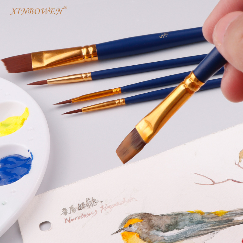 跨境多色木杆画笔美术画笔刷5支套装 双色尼龙毛水彩笔刷水粉画笔